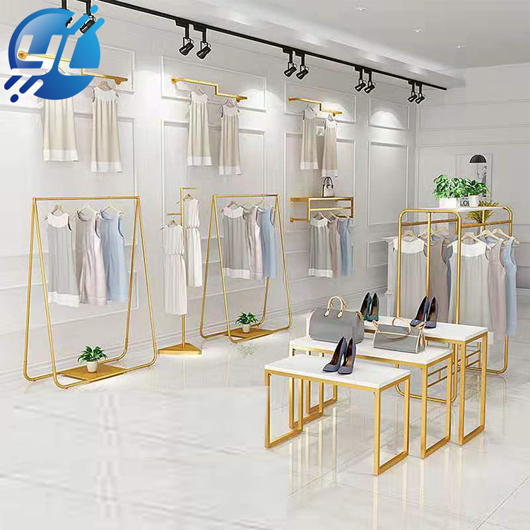 High-end tailor made clothing store fixture design shop fitting metal hanging clothes display racks