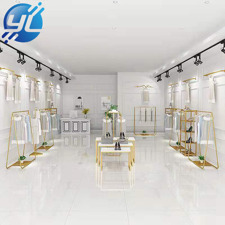 High-end tailor made clothing store fixture design shop fitting metal hanging clothes display racks