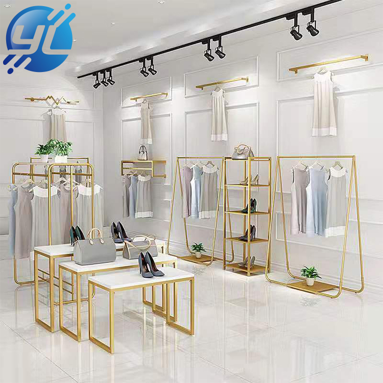 High-end tailor made clothing store fixture design shop fitting metal hanging clothes display racks