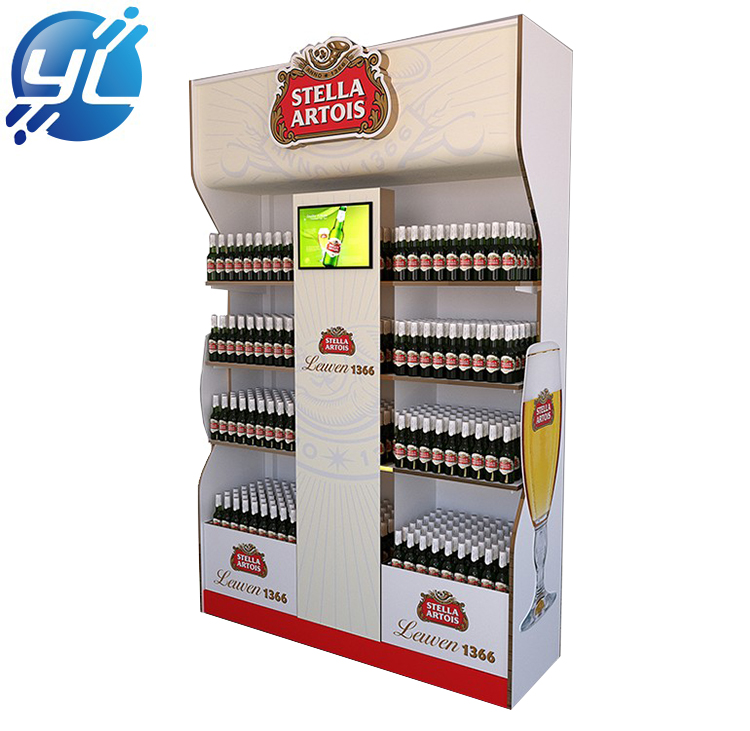 Supermarket drinking bottle beer juice promotion durable wooded floor display stand