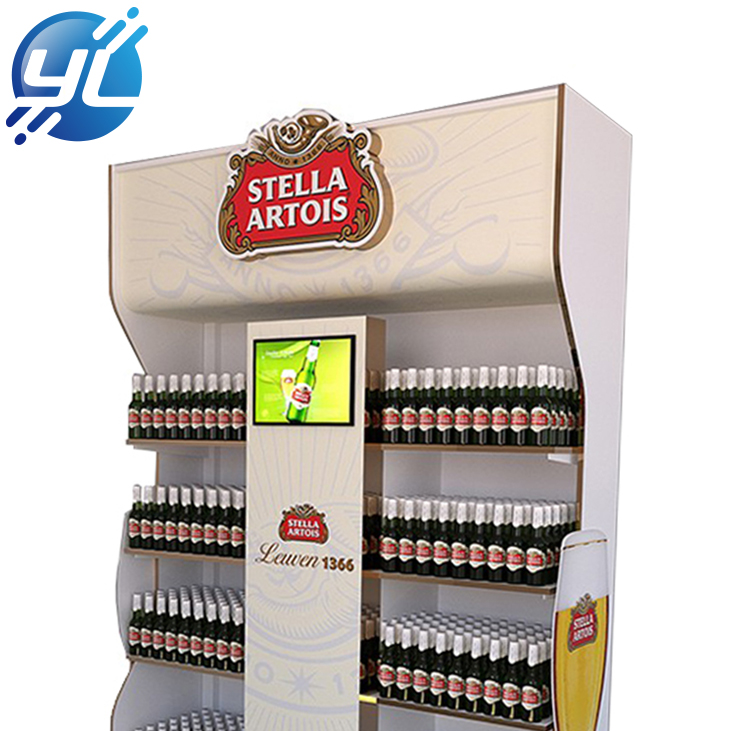 Supermarket drinking bottle beer juice promotion durable wooded floor display stand
