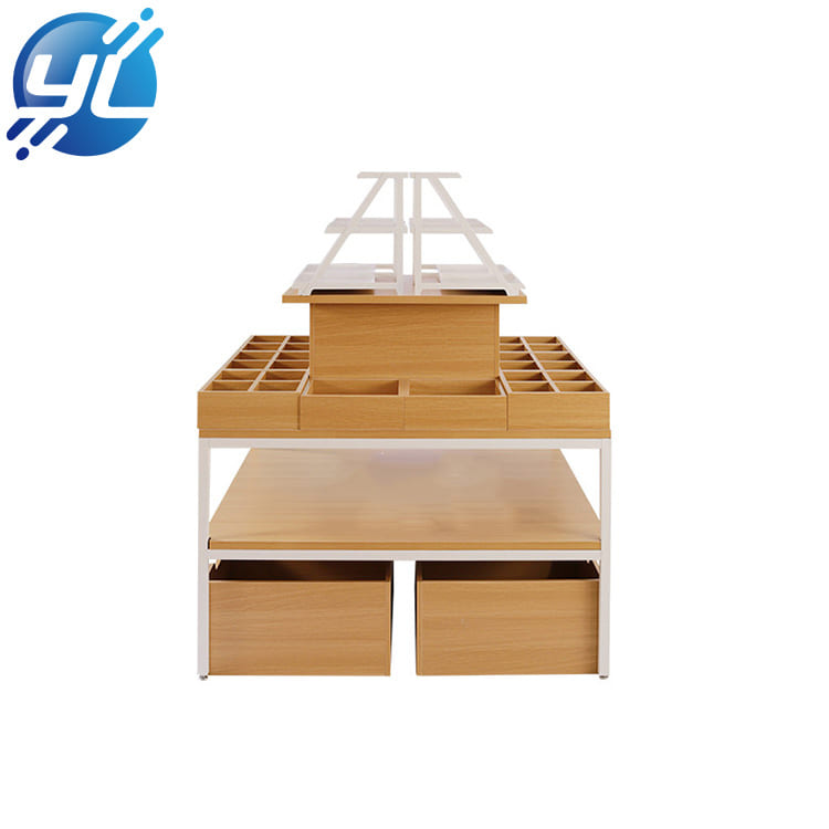 Modern style snacks shop kiosk shelves promotion OEM grocery store display shelf in wooden material